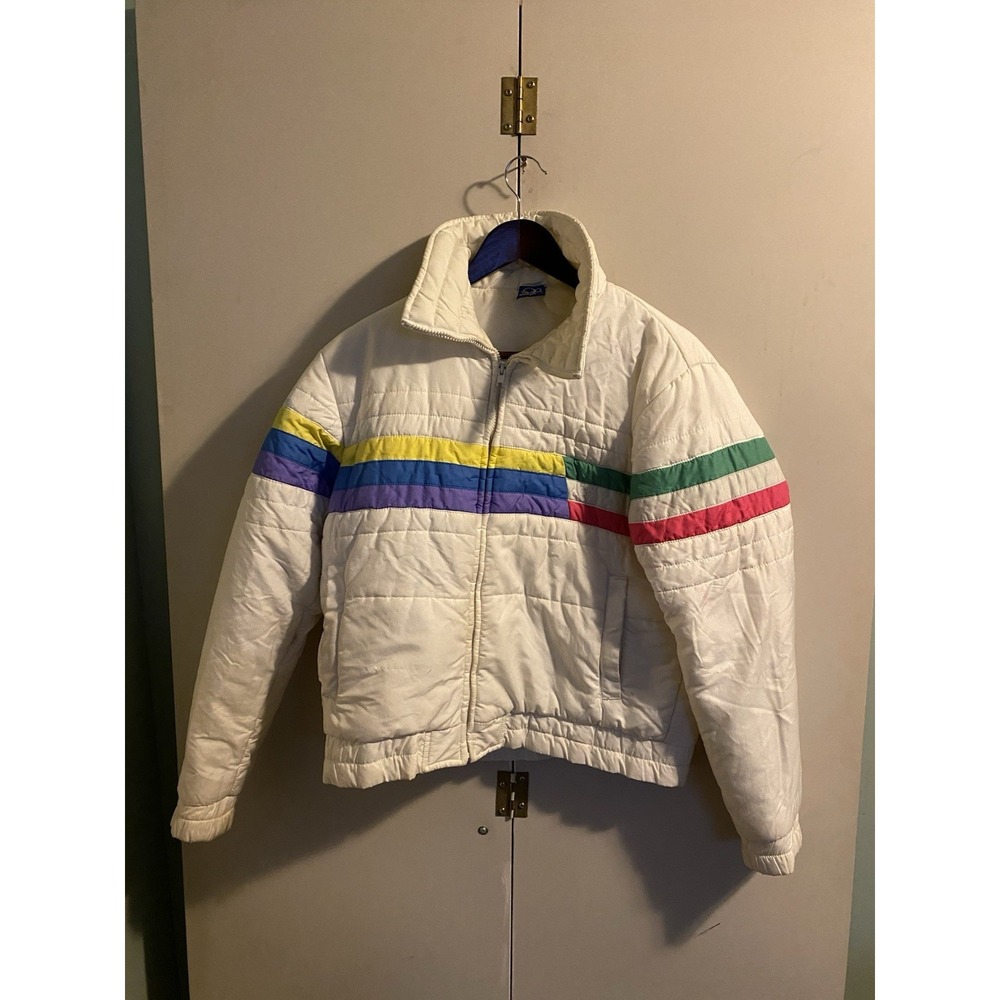 Vintage Ocean Pacific Puffer Jacket Rainbow Stripe White 80s Op Ski Coat Medium